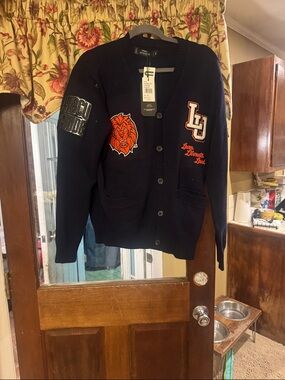 LU Navy Patch Cardigan Sweater with Lion Crest